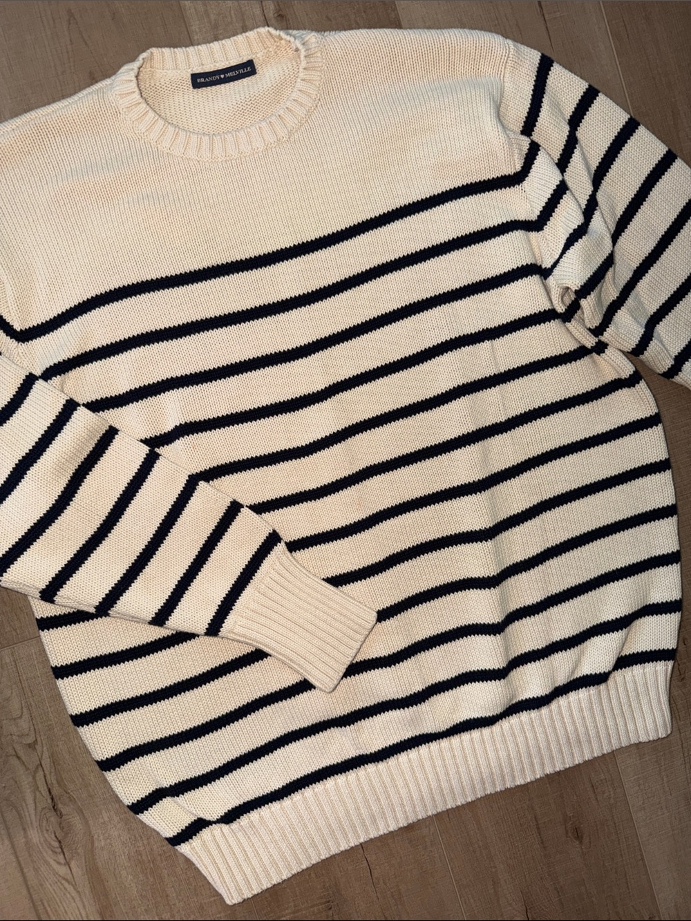 Brandy Melville Men’s Ivory/Navy Striped cotton Crewneck Sweater
